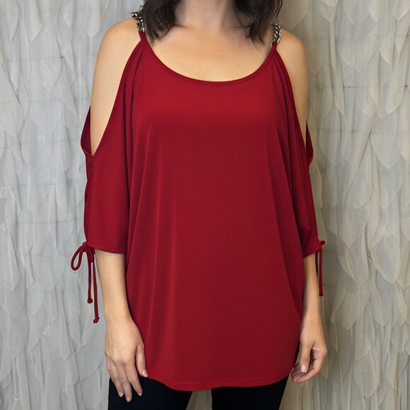 Michael Michael Kors Red Cold Shoulder Chain Detail Blouse – Women's Size M - Picture 2 of 5